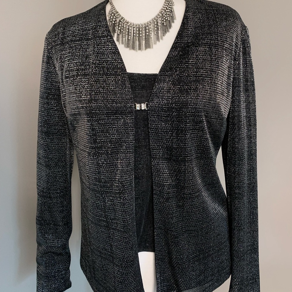 Liz Claiborne Night Black Silver Metallic Rhinestone 2-piece cocktail top blouse - Picture 3 of 12